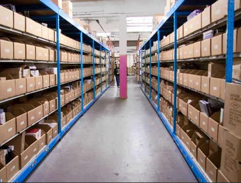 Sport and Leisure warehouse aisle with organised boxes of products