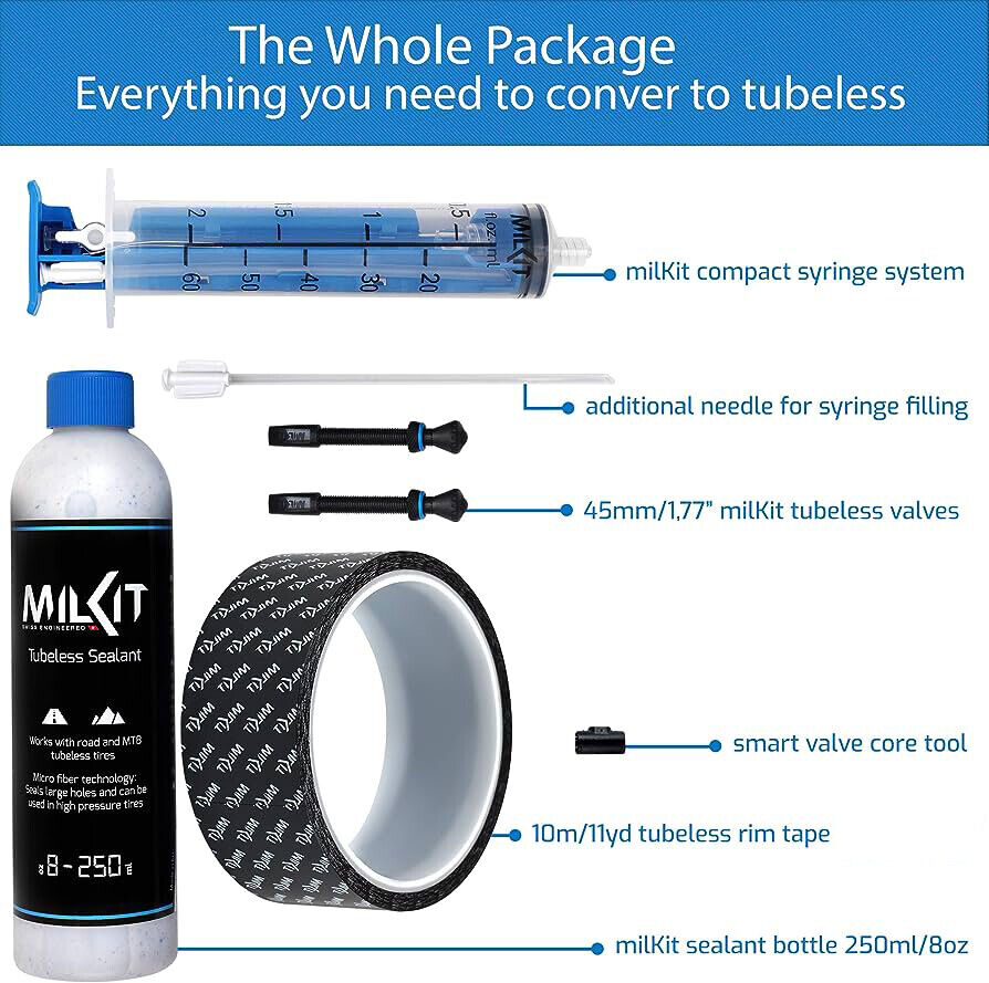 milKit Tubeless Conversion Kit - 45mm Valves - Choose Rim Tape Width - Sportandleisure.com