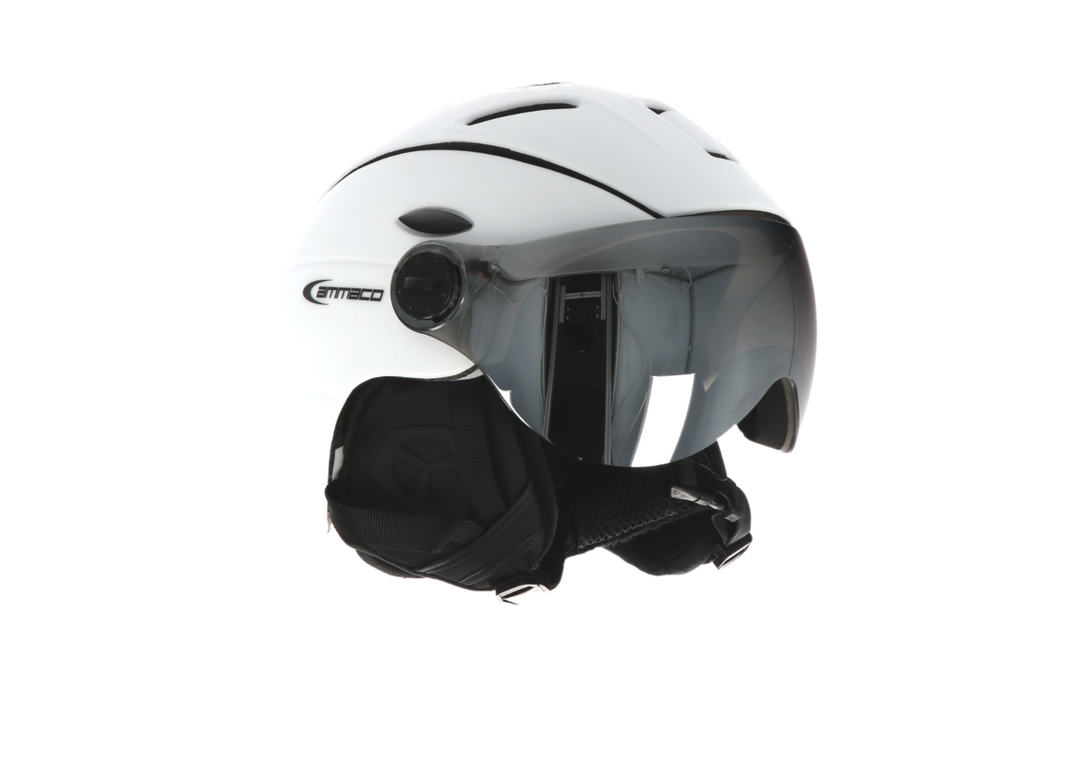 Ammaco 12 Vent Visor Ski Helmet White - Mirror Silver & Yellow Low Light Lens - Sportandleisure.com (6968171069594)