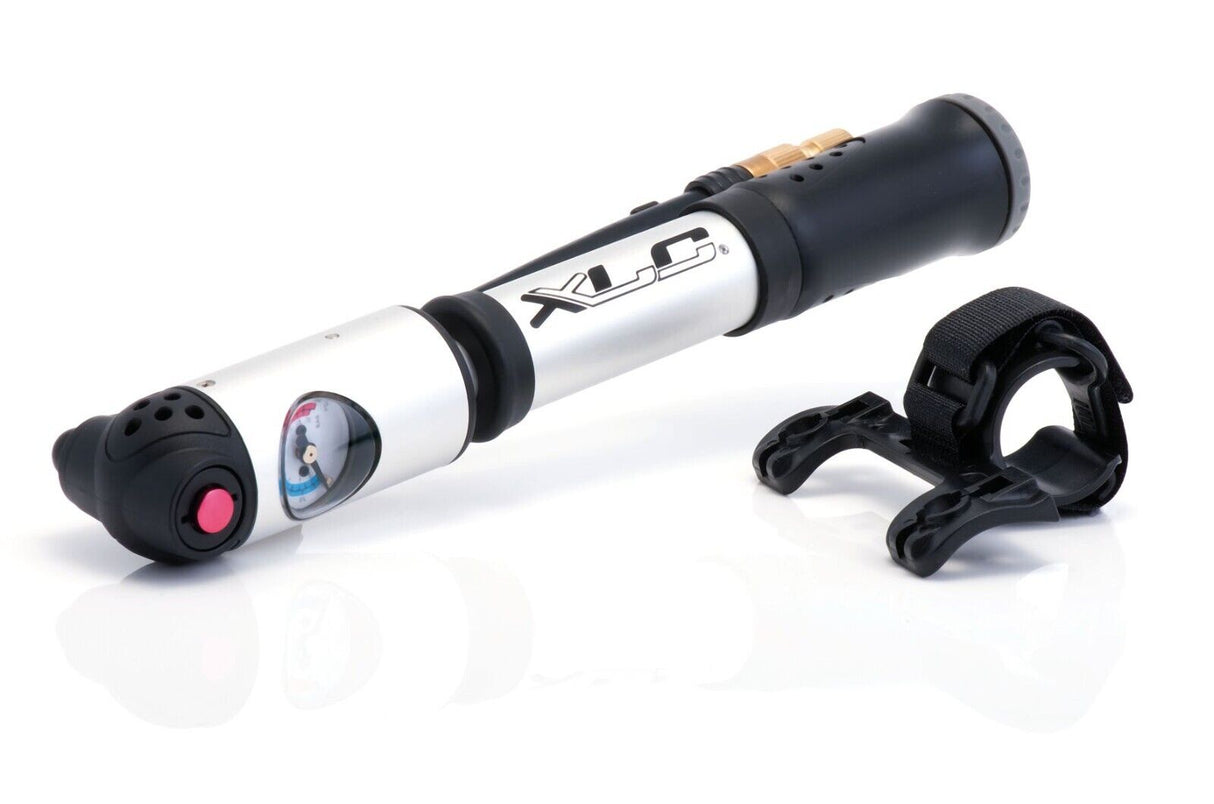 XLC PU-A04 Dual Valve Mini Pump With Gauge - Silver - Sportandleisure.com