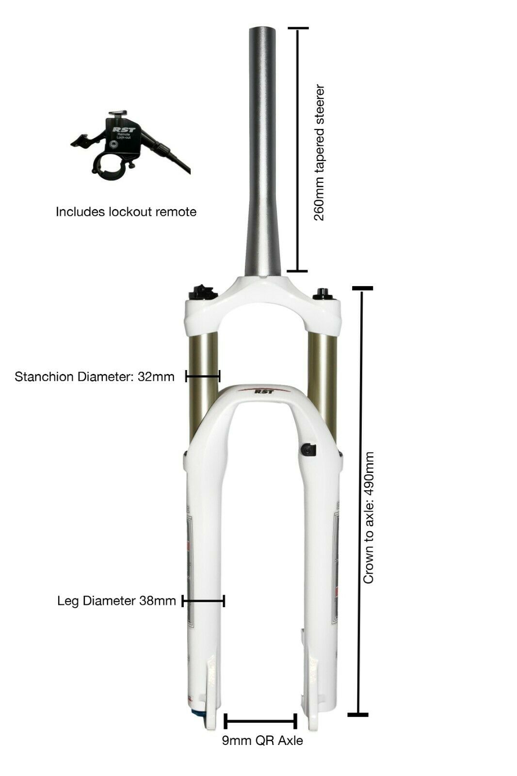 RST First 32 26" MTB Tapered Air Fork - 100mm Travel - Remote Lockout - White - Sportandleisure.com (6968046846106)