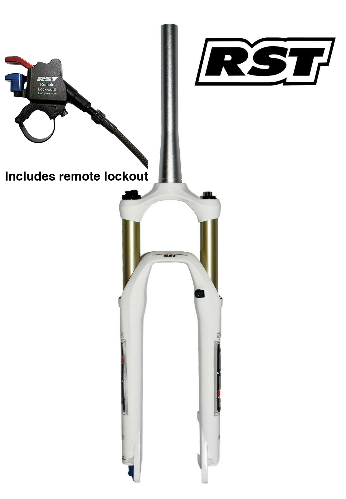 RST First 30 26" MTB Straight Air Fork - 100mm Travel - Remote Lockout - White - Sportandleisure.com (6968131092634)