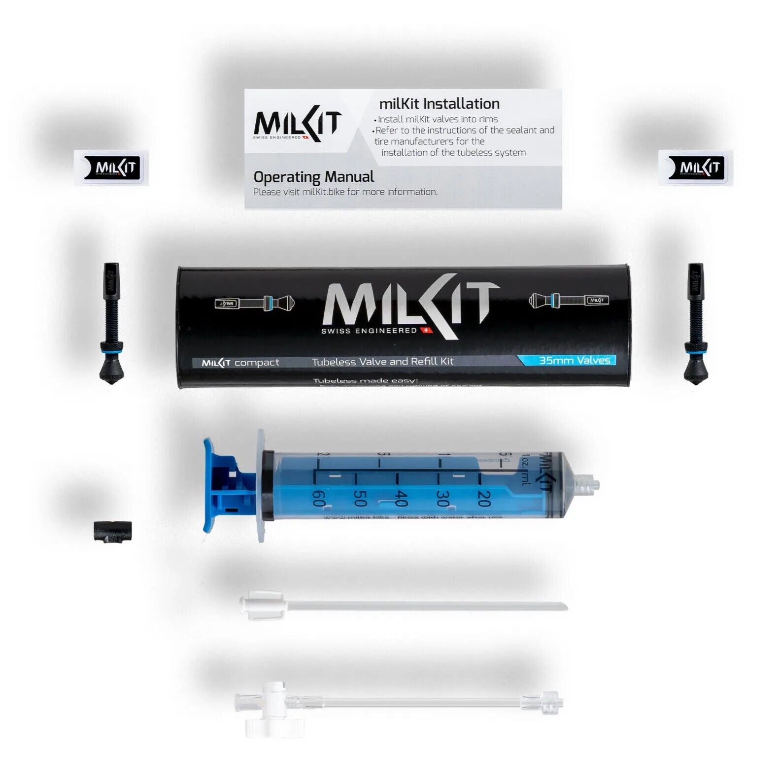 milKit Compact Kit - Tubeless Valve Set with Injector - Choose Valve Length - Sportandleisure.com