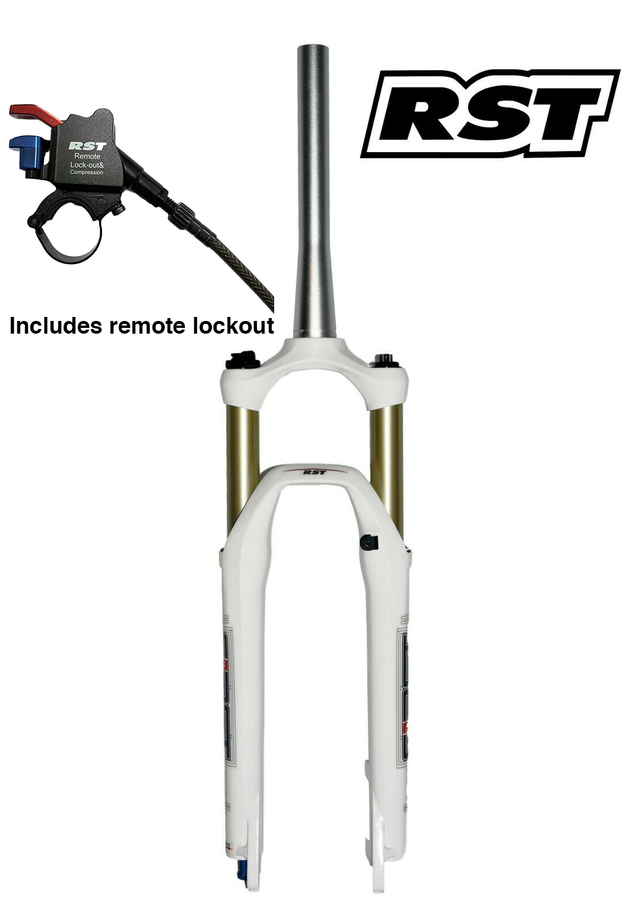 RST First 30 26" MTB Tapered Air Fork - 100mm Travel - Remote Lockout - White - Sportandleisure.com (6968037245082)